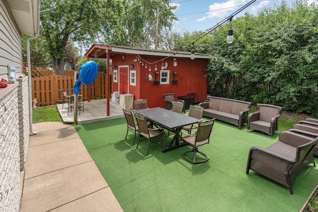 9049 Barberry Ln, Hickory Hills, IL 60457 - view of patio / terrace featuring a wooden deck, outdoor dining area, outdoor lounge area, and an outbuilding
