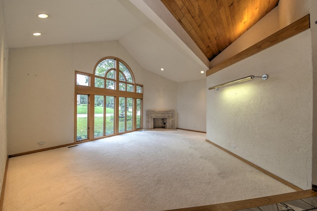 8170 Lake Ridge Dr, Burr Ridge, IL 60527 - unfurnished living room featuring carpet, recessed lighting, high vaulted ceiling, a fireplace, and wood ceiling