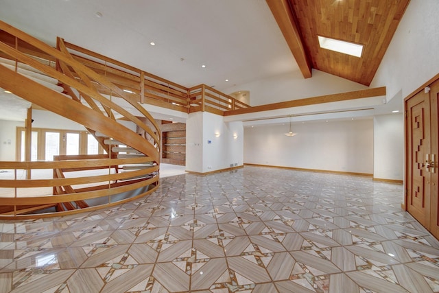 8170 Lake Ridge Dr, Burr Ridge, IL 60527 - unfurnished living room featuring beamed ceiling, stairway, and high vaulted ceiling
