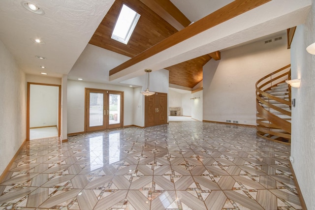 8170 Lake Ridge Dr, Burr Ridge, IL 60527 - unfurnished living room featuring french doors, recessed lighting, and stairs
