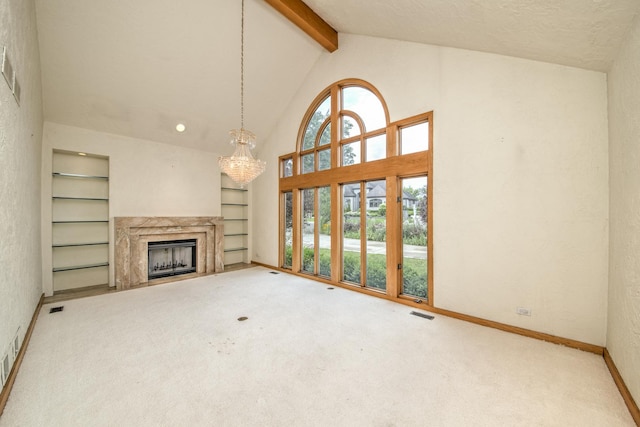 8170 Lake Ridge Dr, Burr Ridge, IL 60527 - unfurnished living room featuring beamed ceiling, carpet, a high end fireplace, high vaulted ceiling, and built in features