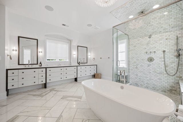 15W170 60th St, Burr Ridge, IL 60527 - full bath with a stall shower, double vanity, a soaking tub, and tile walls