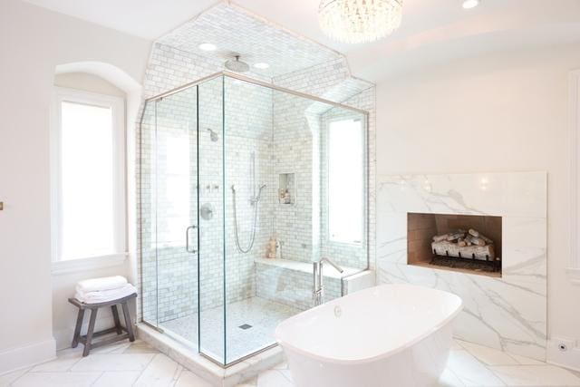 15W170 60th St, Burr Ridge, IL 60527 - full bath with a freestanding tub, a stall shower, recessed lighting, tile patterned floors, and a chandelier