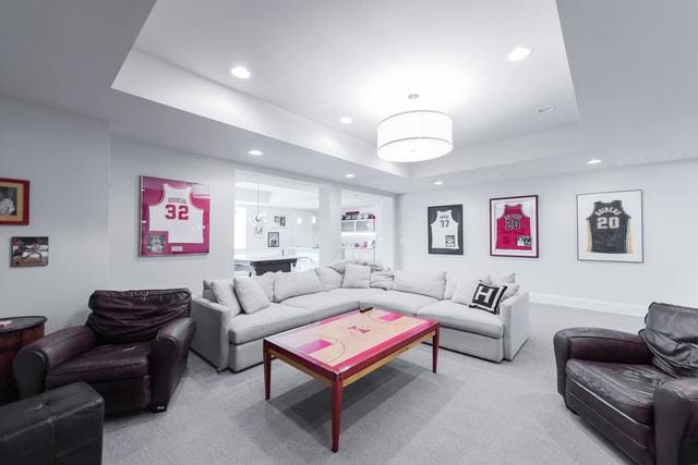 15W170 60th St, Burr Ridge, IL 60527 - living area featuring a raised ceiling, light colored carpet, and recessed lighting