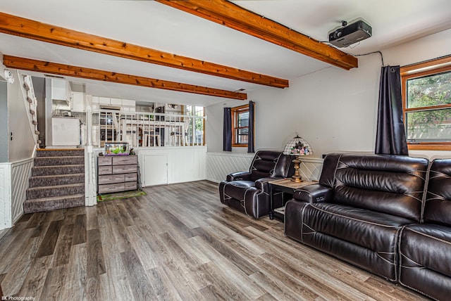 6414 180th St, Tinley Park, IL 60477 - living room featuring wood finished floors, beam ceiling, wainscoting, and stairs