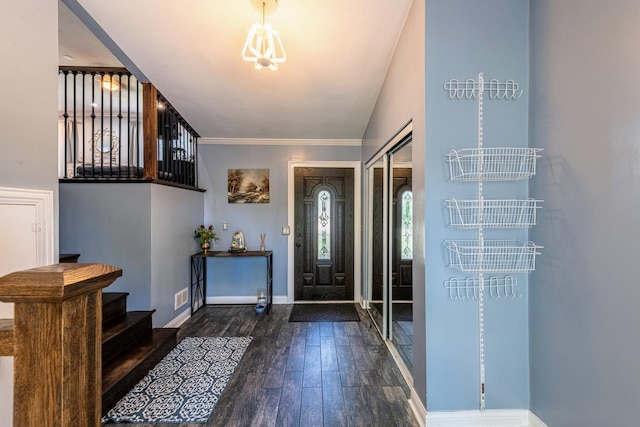 484 Valleyview Dr, Bartlett, IL 60103 - entryway featuring stairs, wood finished floors, a chandelier, and ornamental molding