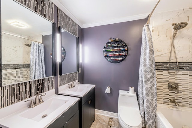 484 Valleyview Dr, Bartlett, IL 60103 - bathroom with vanity, shower / bath combo, and ornamental molding