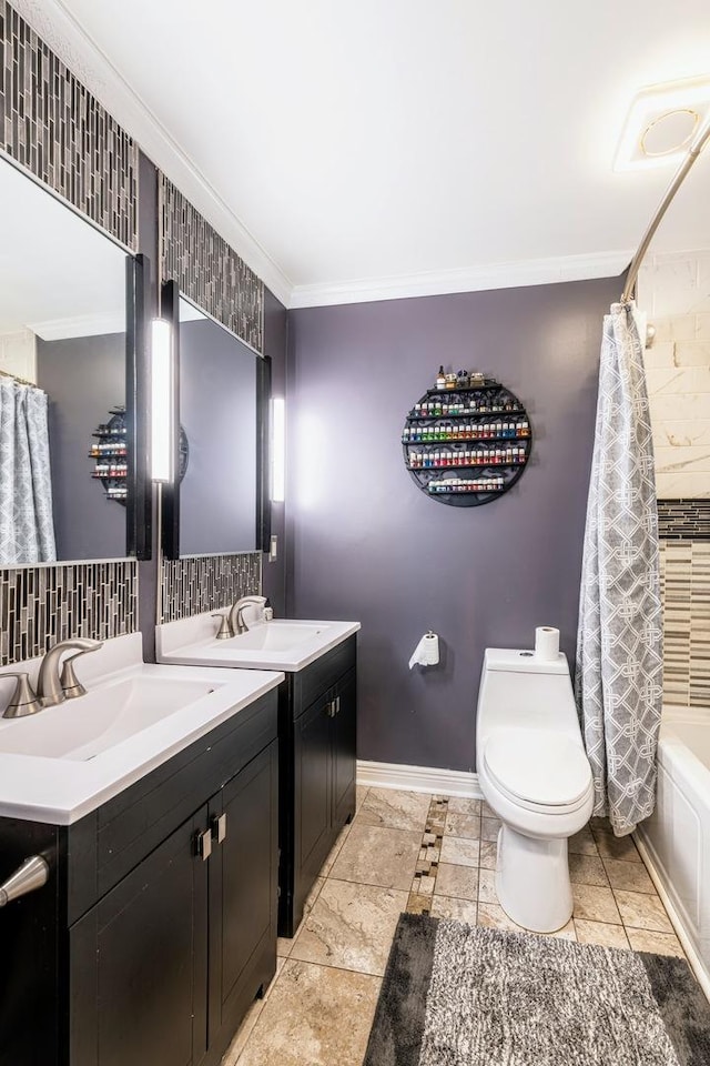 484 Valleyview Dr, Bartlett, IL 60103 - bathroom with vanity, crown molding, shower / bathtub combination with curtain, and decorative backsplash