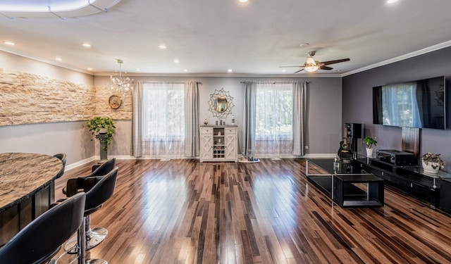 484 Valleyview Dr, Bartlett, IL 60103 - living room with ceiling fan, wood finished floors, crown molding, recessed lighting, and a chandelier