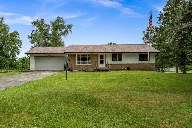 6650 Happy Acres Rd, Rockford, IL 61101 - ranch-style house featuring brick siding, a garage, driveway, and a front lawn