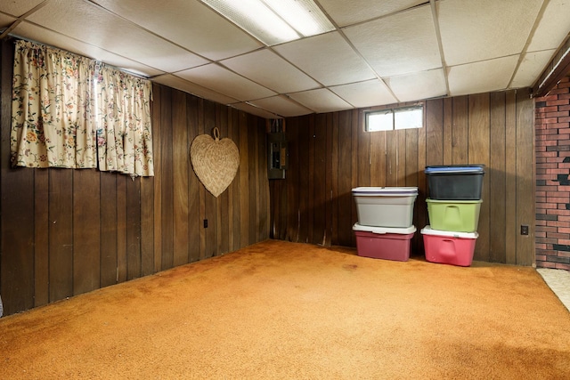 6650 Happy Acres Rd, Rockford, IL 61101 - basement with carpet floors, electric panel, wooden walls, and a paneled ceiling