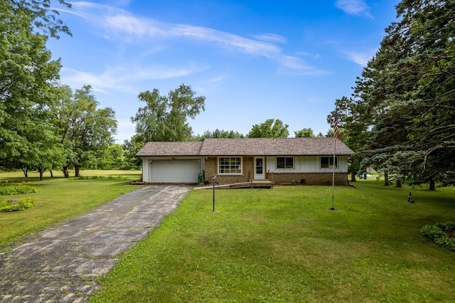 6650 Happy Acres Rd, Rockford, IL 61101 - single story home with an attached garage, asphalt driveway, a front lawn, and brick siding