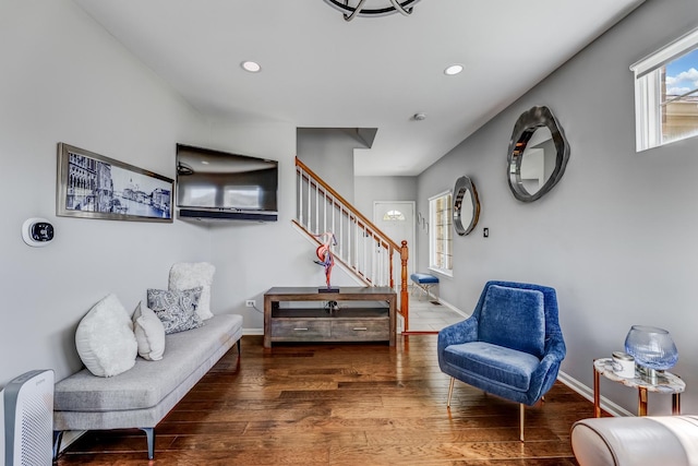 18422 Century Ct, Tinley Park, IL 60477 - living area featuring stairs, wood finished floors, and recessed lighting