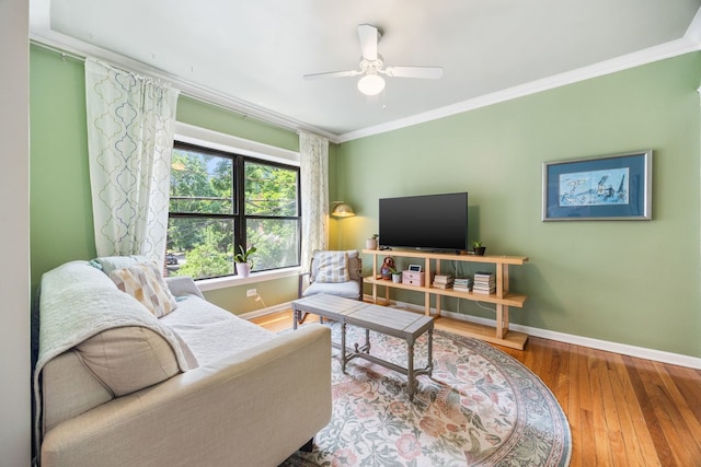 4753 N Talman St Unit 2S, Chicago, IL 60625 - living room featuring ceiling fan, crown molding, and wood finished floors