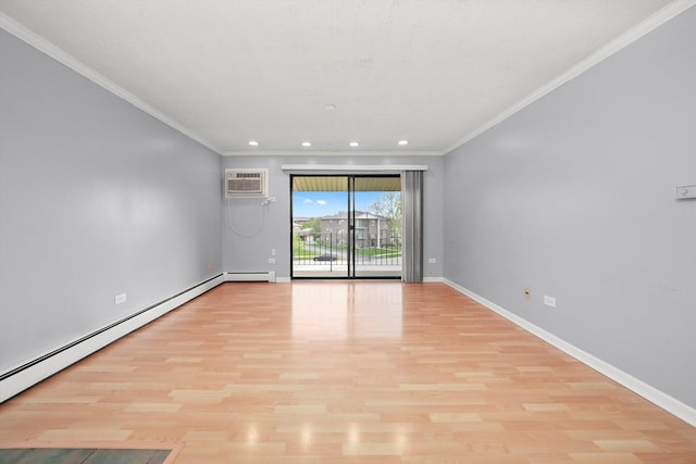 9960 Franchesca Ct Unit 3A, Orland Park, IL 60462 - empty room with a wall mounted AC, a baseboard heating unit, recessed lighting, light wood-style flooring, and crown molding