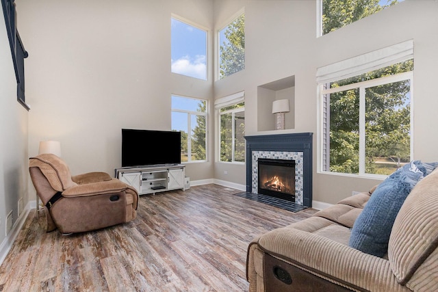 1617 Fieldstone Dr S Unit 13-1, Shorewood, IL 60404 - living area featuring wood finished floors, a fireplace with flush hearth, and a high ceiling