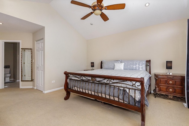 1617 Fieldstone Dr S Unit 13-1, Shorewood, IL 60404 - bedroom with light colored carpet, vaulted ceiling, recessed lighting, ensuite bathroom, and ceiling fan
