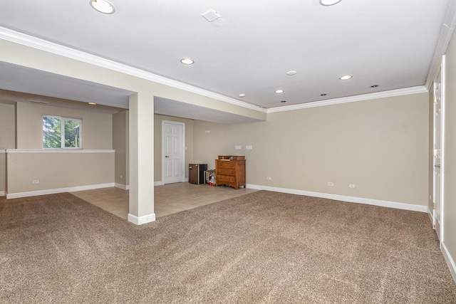 1617 Fieldstone Dr S Unit 13-1, Shorewood, IL 60404 - basement featuring carpet flooring, crown molding, and recessed lighting