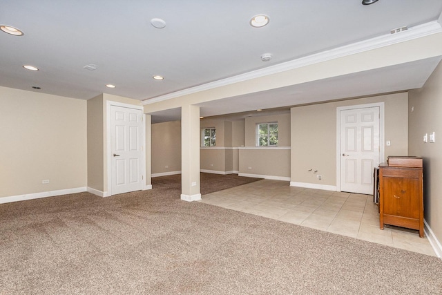 1617 Fieldstone Dr S Unit 13-1, Shorewood, IL 60404 - basement with crown molding, light colored carpet, recessed lighting, and light tile patterned floors