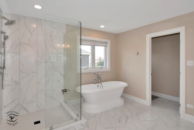 23008 Anna Ln, Frankfort, IL 60423 - bathroom featuring a marble finish shower, a soaking tub, marble finish floors, and recessed lighting