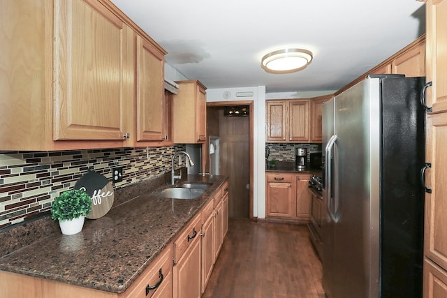 511 Crystal Ave, South Elgin, IL 60177 - kitchen with stainless steel fridge, decorative backsplash, dark wood-type flooring, range, and dark stone counters