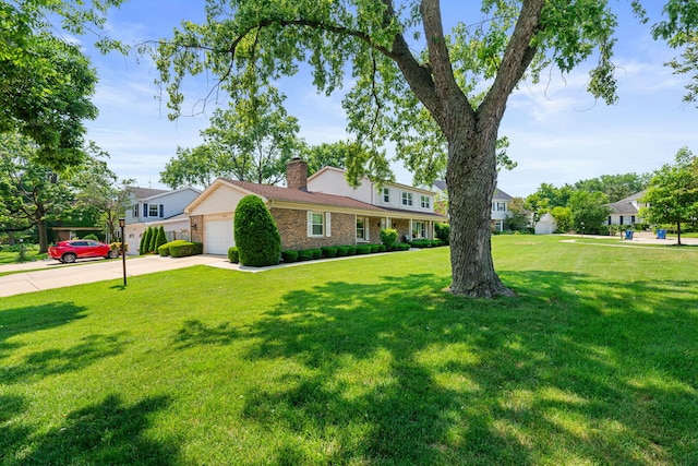 3930 Bordeaux Ct, Northbrook, IL 60062 - traditional home with a chimney, an attached garage, concrete driveway, brick siding, and a front yard