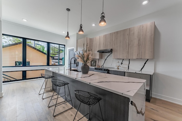 4210 W 5th Ave, Chicago, IL 60624 - kitchen with a kitchen bar, modern cabinets, light wood finished floors, a kitchen island with sink, and under cabinet range hood