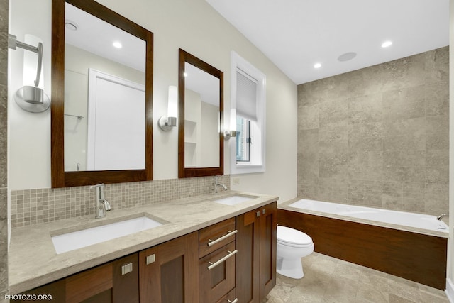 3321 N Sheffield Ave Unit 4, Chicago, IL 60657 - full bath with double vanity, a bath, decorative backsplash, and recessed lighting