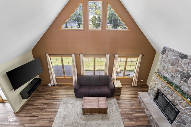 131 E Main St, Essex, IL 60935 - living area featuring high vaulted ceiling, a stone fireplace, dark wood-style flooring, and healthy amount of natural light