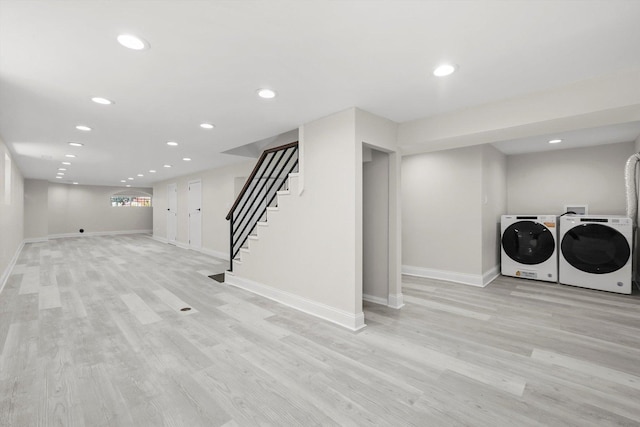 7711 S Honore St, Chicago, IL 60620 - below grade area featuring separate washer and dryer, light wood-style floors, stairs, and recessed lighting