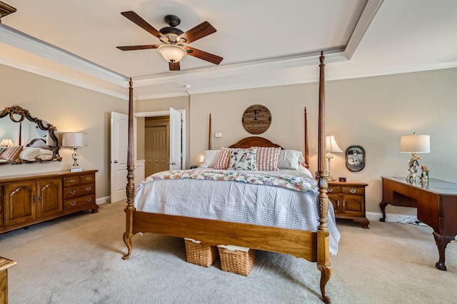 12723 Hawks Bill Ln, Plainfield, IL 60585 - bedroom featuring light carpet, ornamental molding, and ceiling fan