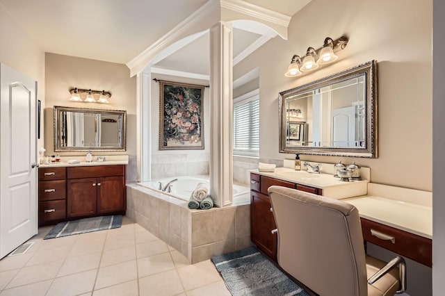12723 Hawks Bill Ln, Plainfield, IL 60585 - full bathroom featuring a relaxing tiled tub, tile patterned flooring, two vanities, and ornamental molding