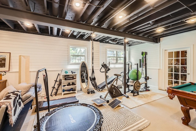 12723 Hawks Bill Ln, Plainfield, IL 60585 - workout room featuring wooden walls and billiards table