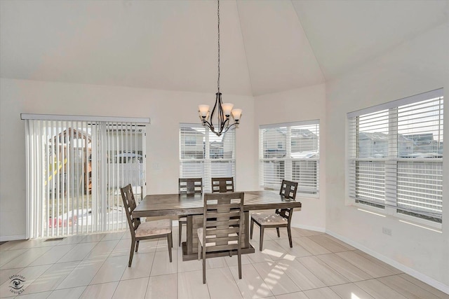 19811 Margaret Ct, Lynwood, IL 60411 - dining room featuring healthy amount of natural light, a chandelier, light tile patterned floors, and high vaulted ceiling