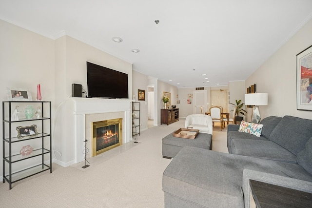 451 Town Place Cir Unit 308, Buffalo Grove, IL 60089 - living room with light colored carpet, a fireplace with flush hearth, recessed lighting, and crown molding