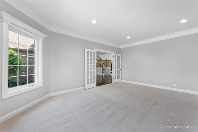 2814 Hapner Way, Batavia, IL 60510 - carpeted empty room with crown molding, french doors, recessed lighting, and stairway
