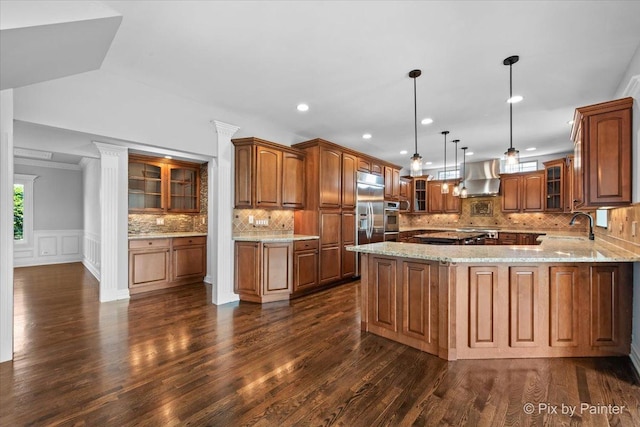 2814 Hapner Way, Batavia, IL 60510 - kitchen featuring wall chimney range hood, dark wood-style floors, brown cabinets, light stone countertops, and recessed lighting