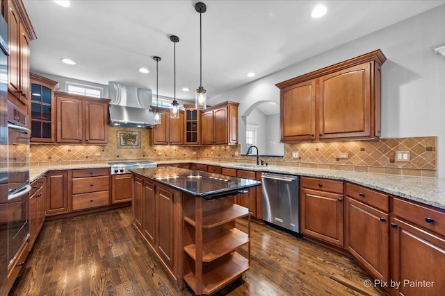 2814 Hapner Way, Batavia, IL 60510 - kitchen featuring appliances with stainless steel finishes, wall chimney range hood, dark wood-style floors, open shelves, and decorative backsplash