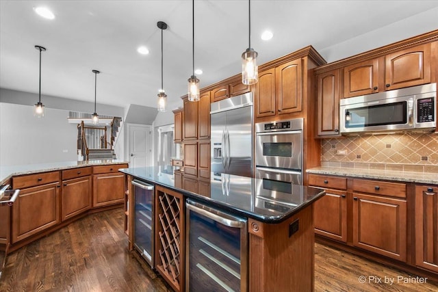 2814 Hapner Way, Batavia, IL 60510 - kitchen featuring stainless steel appliances, beverage cooler, backsplash, dark wood-type flooring, and recessed lighting