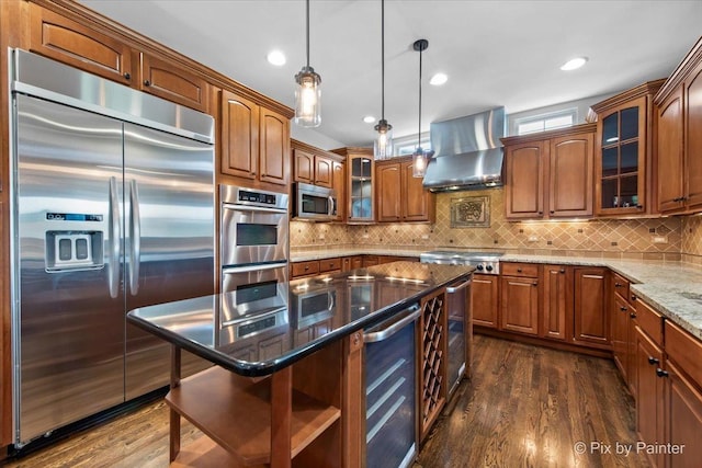 2814 Hapner Way, Batavia, IL 60510 - kitchen with built in appliances, wall chimney exhaust hood, brown cabinets, light stone countertops, and beverage cooler