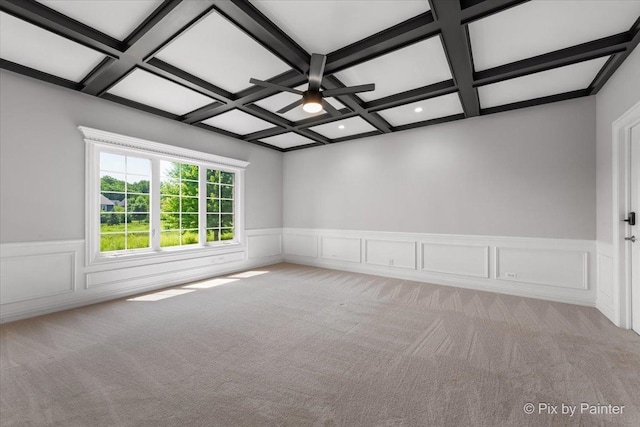 2814 Hapner Way, Batavia, IL 60510 - unfurnished room with coffered ceiling, carpet, wainscoting, ceiling fan, and beamed ceiling