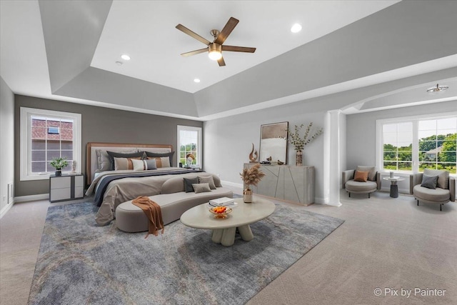 2814 Hapner Way, Batavia, IL 60510 - bedroom with a tray ceiling, carpet flooring, recessed lighting, ceiling fan, and decorative columns