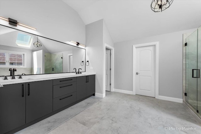 2814 Hapner Way, Batavia, IL 60510 - bathroom with vaulted ceiling, double vanity, a shower stall, and a skylight