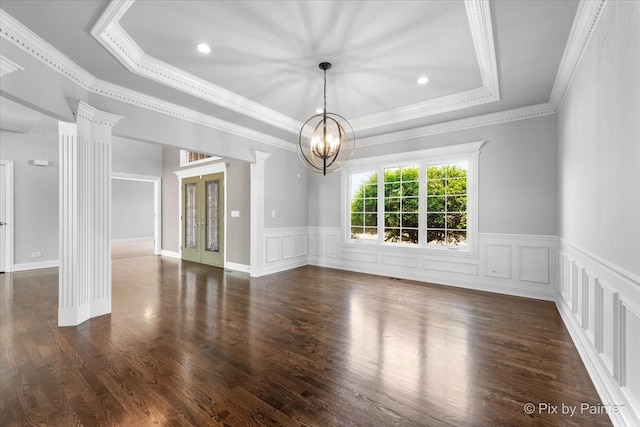 2814 Hapner Way, Batavia, IL 60510 - unfurnished room featuring a raised ceiling, a chandelier, ornate columns, french doors, and ornamental molding