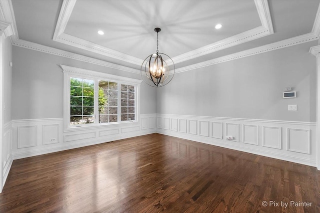 2814 Hapner Way, Batavia, IL 60510 - unfurnished room with a chandelier, a tray ceiling, wainscoting, ornamental molding, and dark wood-style floors