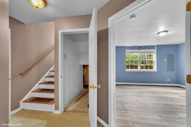 1697 Deer Pointe Dr, South Elgin, IL 60177 - staircase featuring electric panel and baseboards