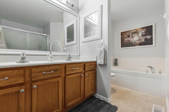 189 E Lark Ave, Cortland, IL 60112 - bathroom with vanity, tile patterned flooring, a bath, and a shower with shower door