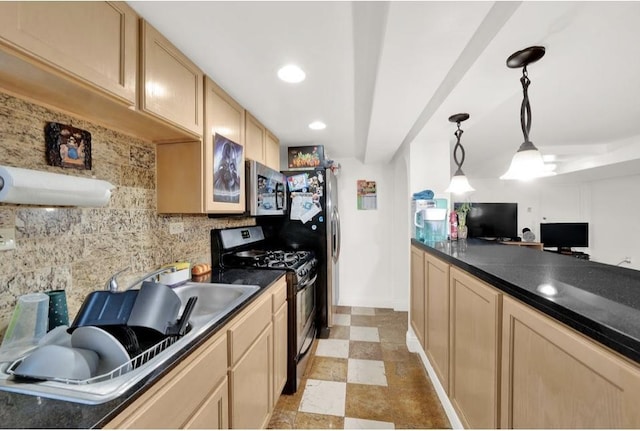3617 W 63rd Pl, Chicago, IL 60629 - kitchen with stainless steel appliances, dark countertops, decorative backsplash, light brown cabinets, and hanging light fixtures