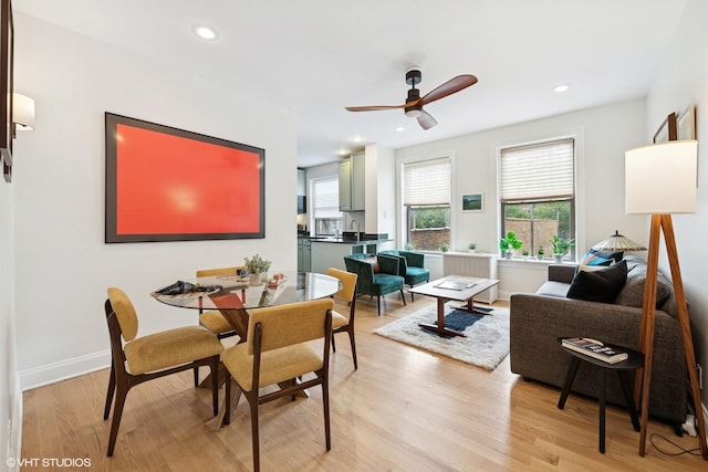1219 W Lunt Ave Unit 1B, Chicago, IL 60626 - dining area with light wood-style floors, a ceiling fan, and recessed lighting