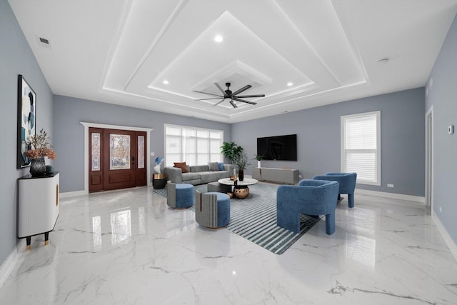 3628 S 54th Ct, Cicero, IL 60804 - living room with a tray ceiling, healthy amount of natural light, light marble finish floors, a ceiling fan, and recessed lighting